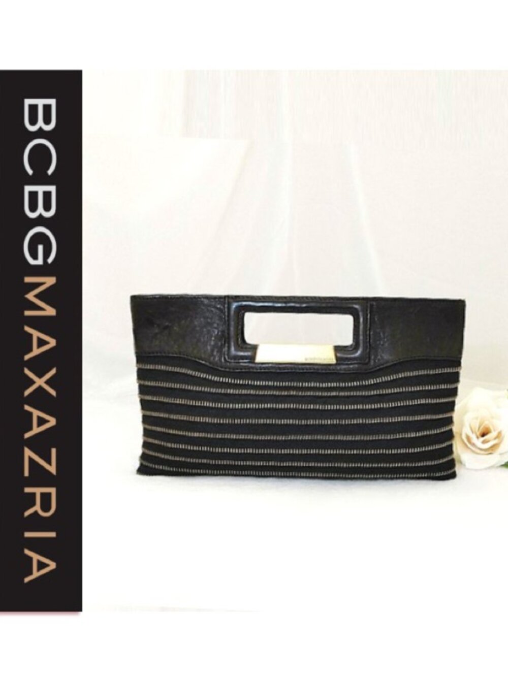 BCBGMaxAzria Brown Black Clutch Genuine Leather Trim Elegant Gold Zipper Design